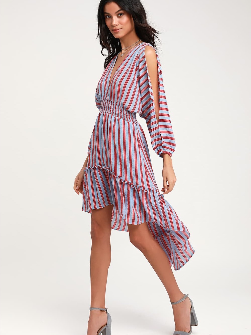 Flying Tomato Striped Cold-Shoulder High-Low Dress - Red & Light Blue